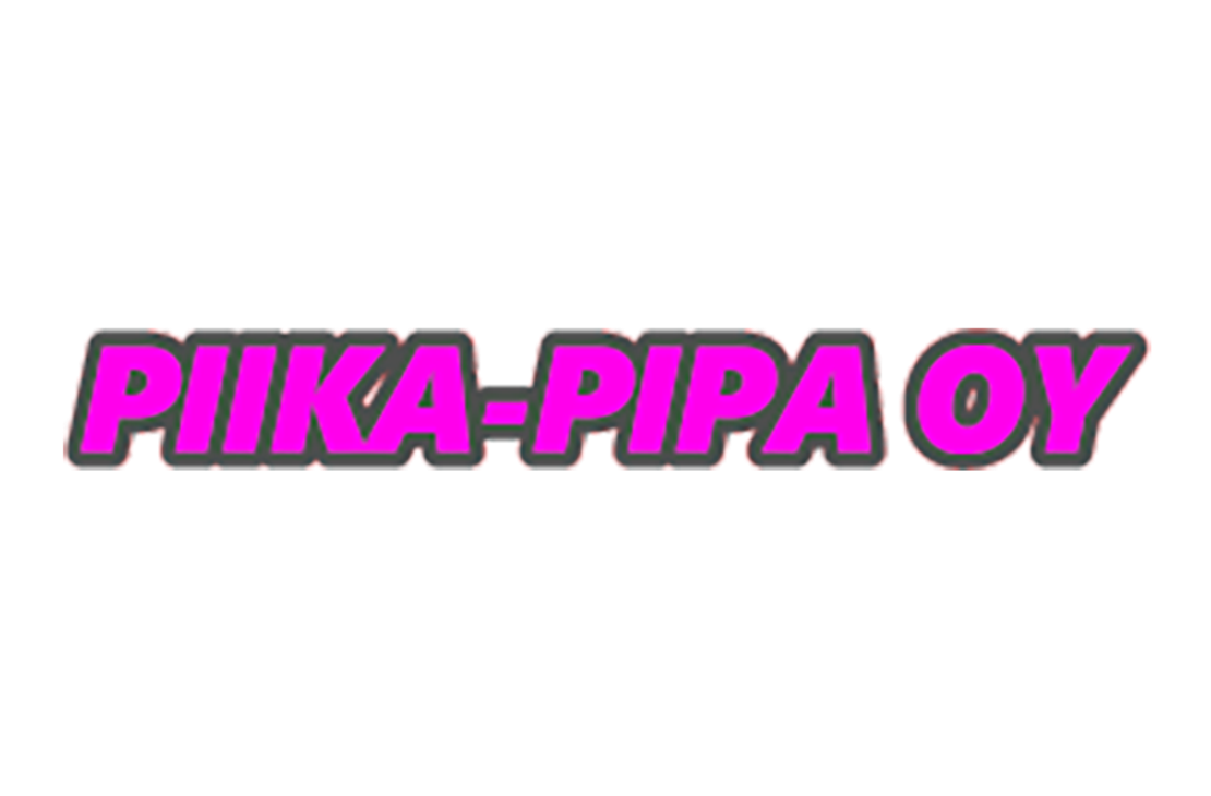 Piika-Pipa Oy -yrityksen logo. Logossa on suuri, lihavoitu, isoin kirjaimin kirjoitettu teksti "PIIKA-PIPA OY". Teksti on kirkkaan fuksianpunainen ja sitä ympäröi paksu, tummanharmaa ääriviiva. Logo on sijoitettu mustalle taustalle.