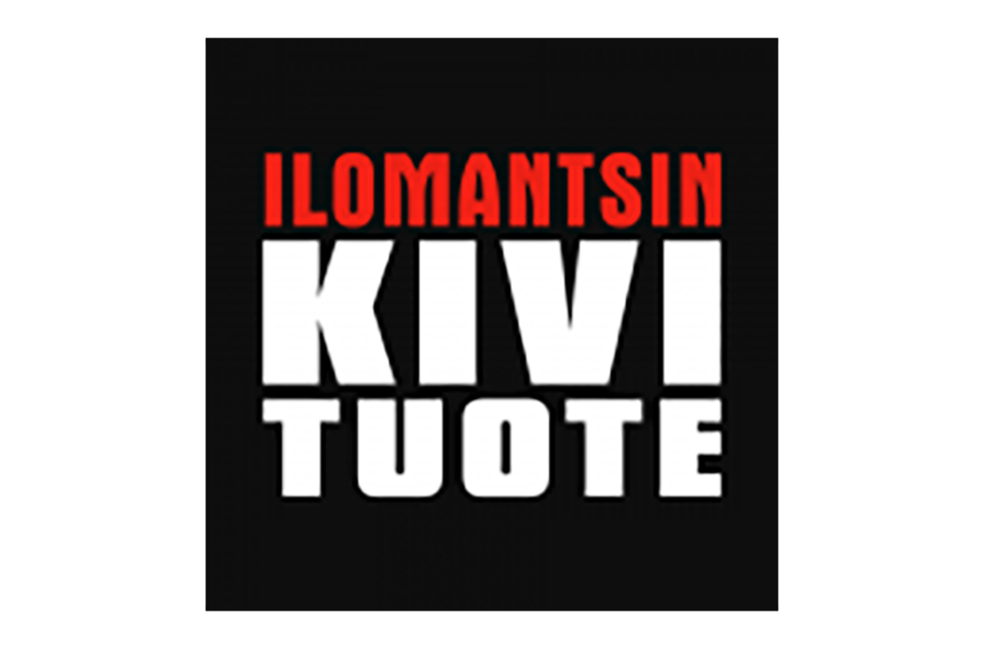 Ilomantsin Kivi Tuote -yrityksen logo. Logossa on tummanharmaa tausta, ja teksti on kolmella rivillä: Ylimpänä on punaisella, isolla fontilla "ILOMANTSIN". Keskellä on suurimmalla, valkoisella fontilla sana "KIVI". Alimpana on valkoisella fontilla sana "TUOTE".