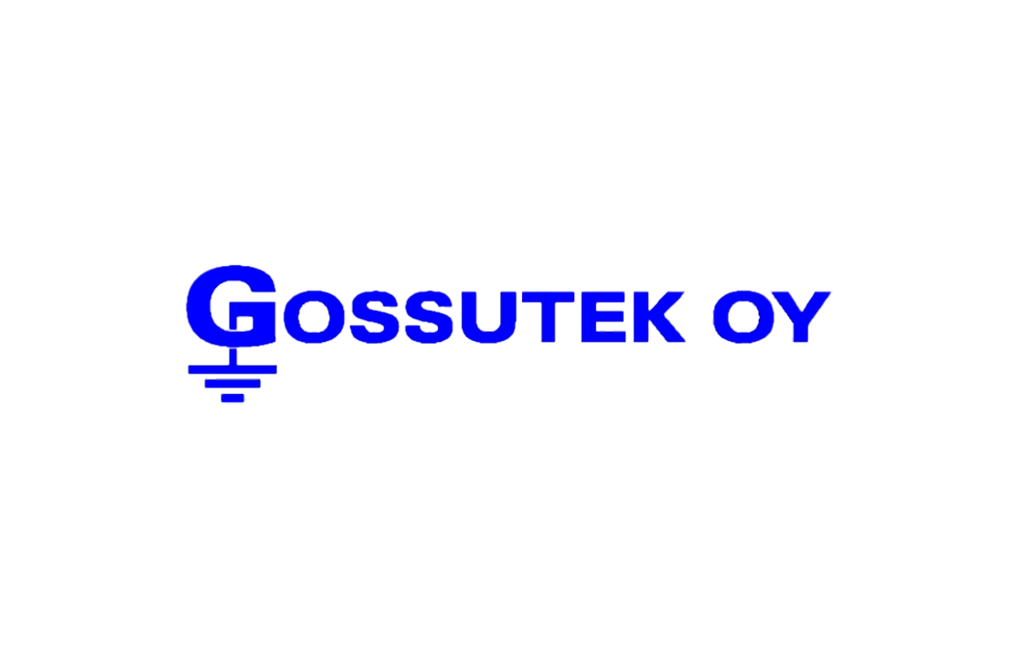 Gossutek Oy -yrityksen logo. Logossa on kirkkaan sinisellä, isolla fontilla kirjoitettu teksti "Gossutek Oy". G-kirjain on tyylitelty siten, että sen alaosasta ulottuu alaspäin maadoitussymboli (maadoitusmerkki). Logo on valkoisella taustalla.