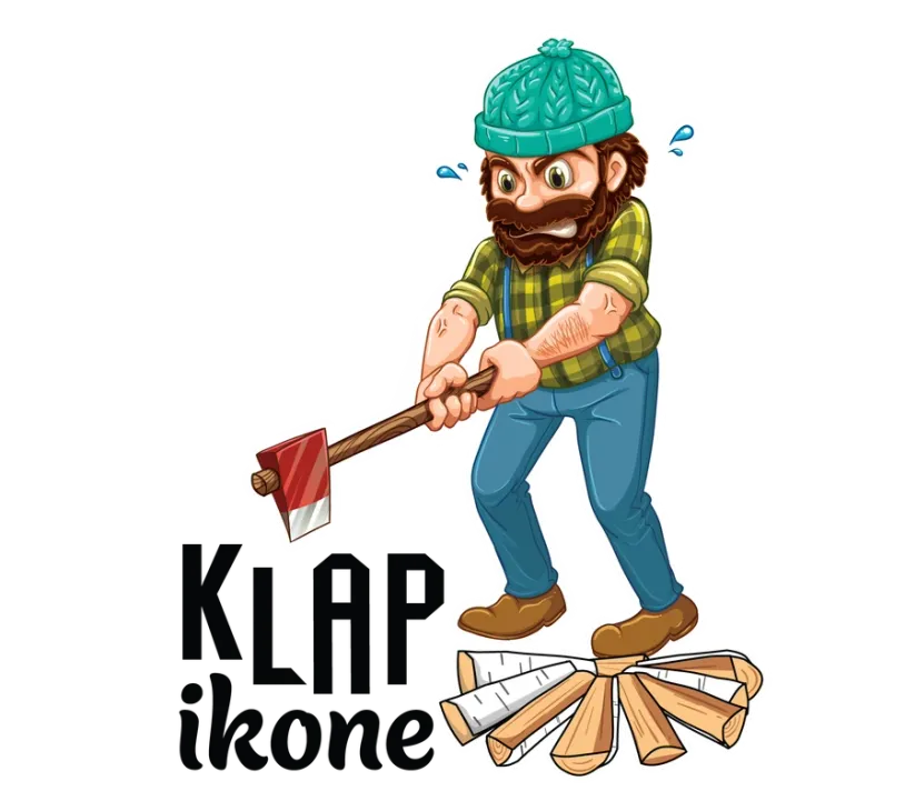 Sarjakuvametsuri, jolla on turkoosi pipo, parrakas ja ruutupaitainen, pilkkoo vihaisen näköisenä halkoja kirveellä hikipisarat lennellen. Vasemmalla alhaalla on musta teksti "KLAPIkone".