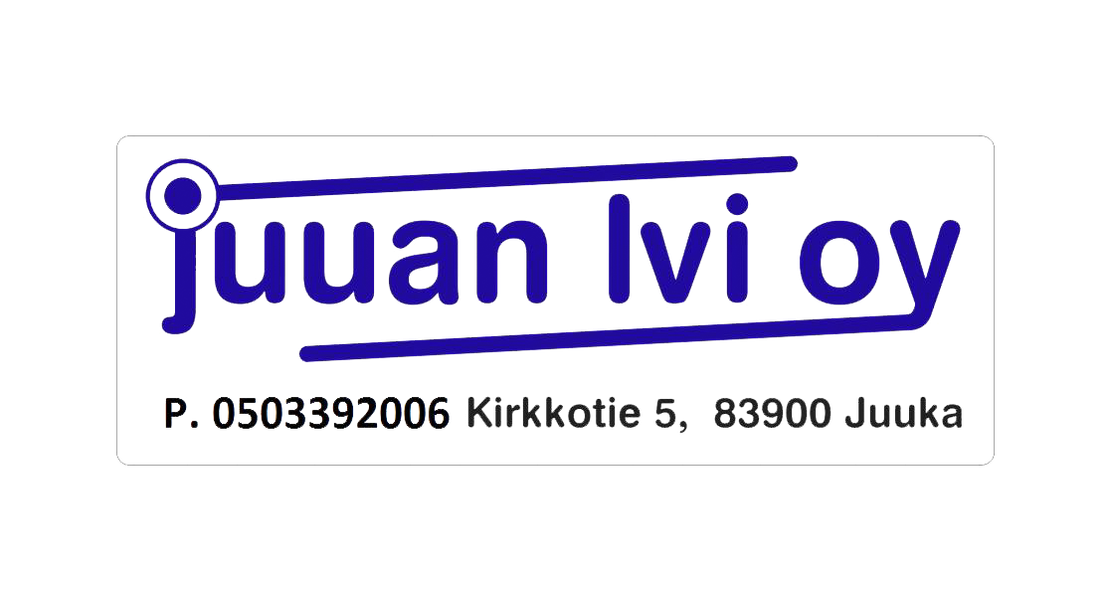 Juuan LVI Oy -yrityksen logo ja yhteystiedot. Logossa on suuri, tummansininen teksti "Juuan lvi oy" ilman isoja kirjaimia. Tekstin ylä- ja alapuolella on paksut, tummansiniset viivat, jotka alkavat tyylitellystä O-kirjainta muistuttavasta symbolista vasemmalla ja päättyvät oikealla pystysuoraan kulmaan. Tekstin alapuolella lukee mustalla, pienemmällä fontilla yrityksen yhteystiedot: "P. 0503392006 Kirkkotie 5, 83900 Juuka". Logo on valkoisella taustalla, jossa on ohut musta reunus.