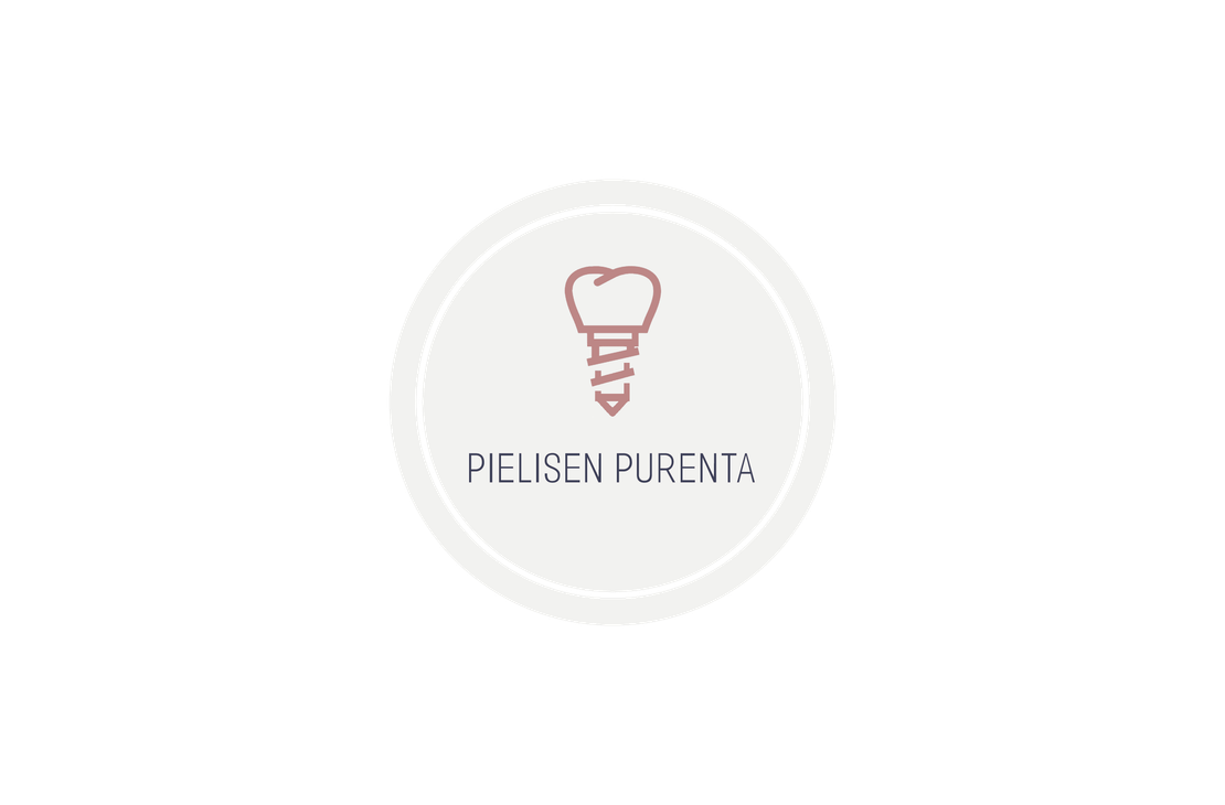 Pielisen Purenta -yrityksen logo. Logo on sijoitettu tummanvihreälle taustalle ja koostuu valkoisesta, vihreäreunaisesta ympyrästä. Ympyrän sisällä on tyylitelty, vaaleanpunainen/liila hammasimplantti-kuva (kruunu ja ruuvi). Kuvan alla lukee tummanharmaalla tekstillä "PIELISEN PURENTA".