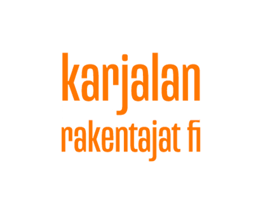 Karjalan Rakentajat.fi -yrityksen logo. Logossa on kaksi riviä oranssia tekstiä: ylärivillä isoilla, pienillä kirjaimilla "karjalan" ja alarivillä samalla fontilla "rakentajat.fi". Rivejä erottaa kaksi paksua valkoista vaakaviivaa, joiden välissä on ohut musta viiva. Koko logo on sijoitettu mustalle taustalle.
