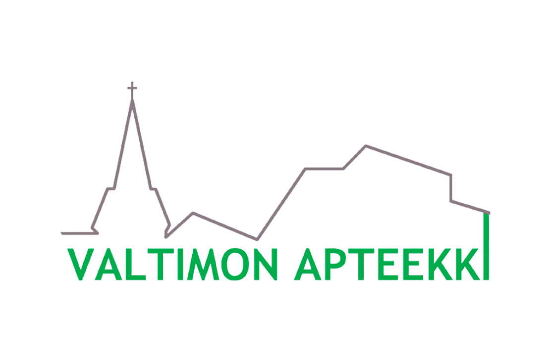 Valtimon Apteekki -logo. Logossa on harmaa, yhtenäinen ääriviivapiirros, joka esittää Valtimon taajaman siluettia, sisältäen korkean kirkontornin, jonka päällä on risti. Siluetin alla on suuri, kirkkaan vihreä teksti "VALTIMON APTEEKKI" isolla, sans-serif-fontilla. Logo on valkoisella taustalla.