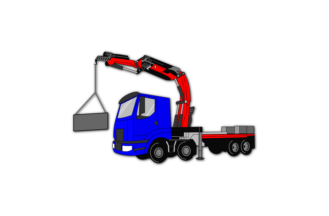 Kuljetusliike Pellikka -yrityksen logo tai grafiikka. Kuvassa on tyylitelty, sarjakuvamainen piirros sinisestä kuorma-autosta, jossa on punainen nosturi lavan päällä. Nosturi on ojennettuna ja nostaa harmaata, suorakulmion muotoista esinettä. Kuorma-auto on mustalla taustalla.