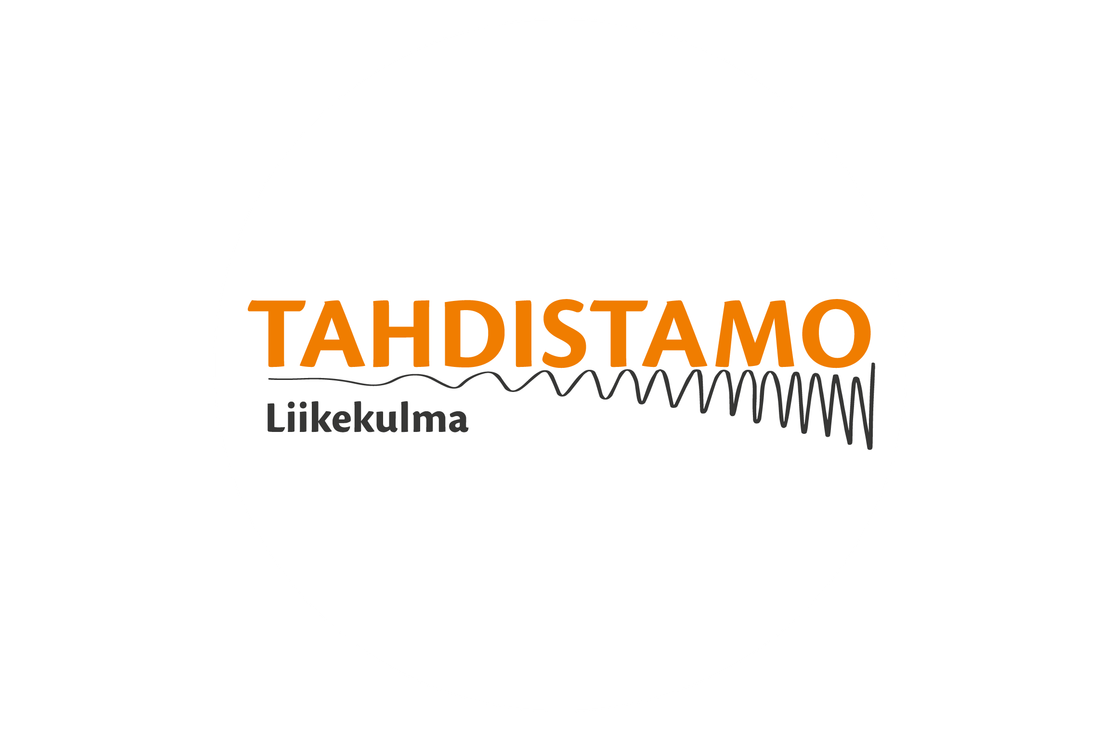 Tahdistamo Liikekulma -yrityksen logo. Logo on py&ouml;re&auml;, valkoinen tunnus. Vasemmalla lukee isolla, oranssilla tekstill&auml; "TAHDISTAMO". Sen alapuolella on pienemm&auml;ll&auml;, harmaalla tekstill&auml; "Liikekulma". Oikealle levitt&auml;ytyy musta, aaltoileva viiva, joka muistuttaa aaltomuotoa tai tahdistimen k&auml;yr&auml;&auml;.