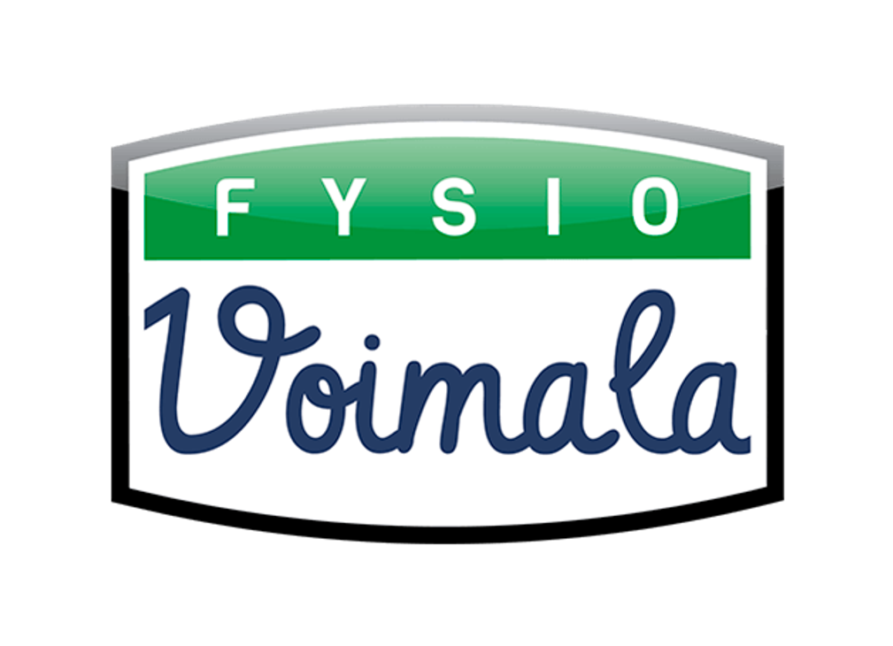 Fysio Voimala -yrityksen logo, joka on asetettu kaarevan suorakulmion muotoon. Yläosassa on vihreällä pohjalla valkoisin, isoilla kirjaimilla sana "FYSIO". Tämän alapuolella, valkoisella pohjalla, on sinisellä, käsinkirjoitetun näköisellä fontilla sana "Voimala".