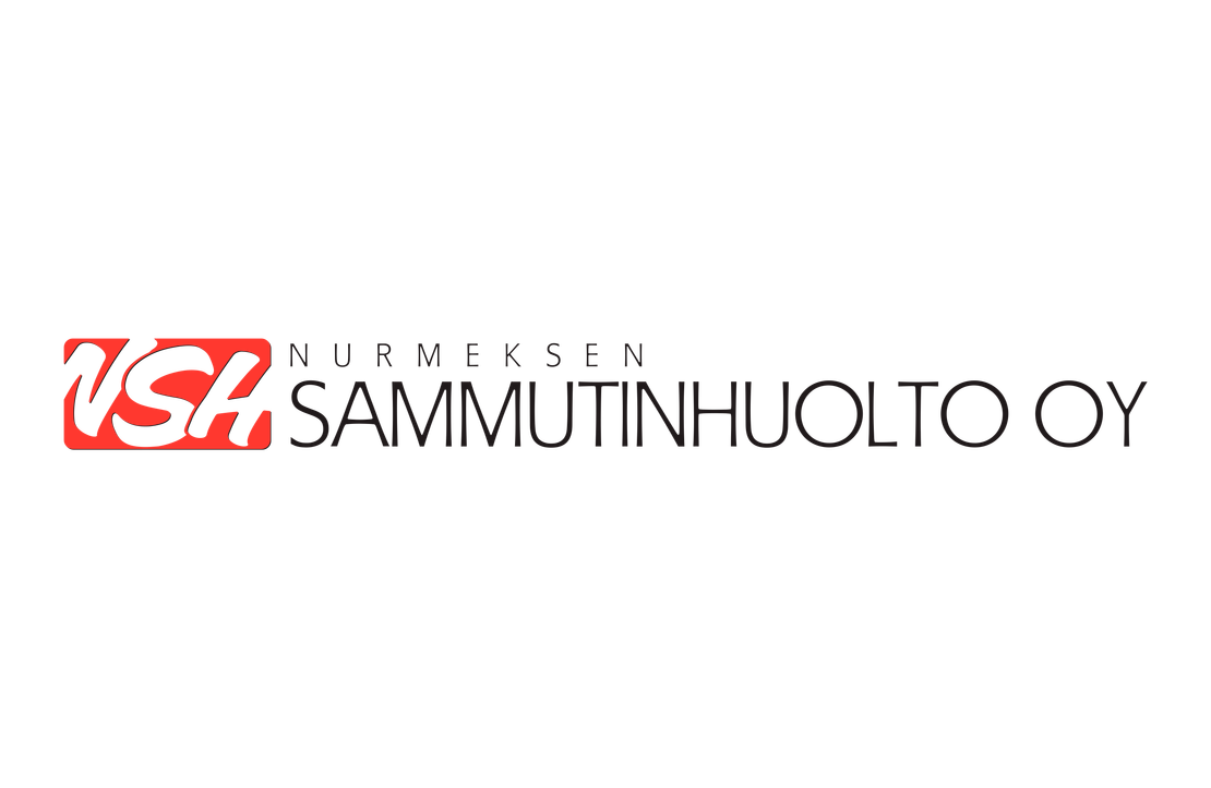Nurmeksen Sammutinhuolto Oy -yrityksen logo. Vasemmalla on punainen, pyöristetty neliö, jonka sisällä on tyylitelty, musta ja valkoinen tunnus "VSH". Oikealla puolella on kaksi riviä tummanharmaata tekstiä: ylärivillä pienemmällä fontilla "NURMEKSEN" ja alarivillä suuremmalla, isoin kirjaimin kirjoitetulla fontilla "SAMMUTINHUOLTO OY". Logo on mustalla taustalla.