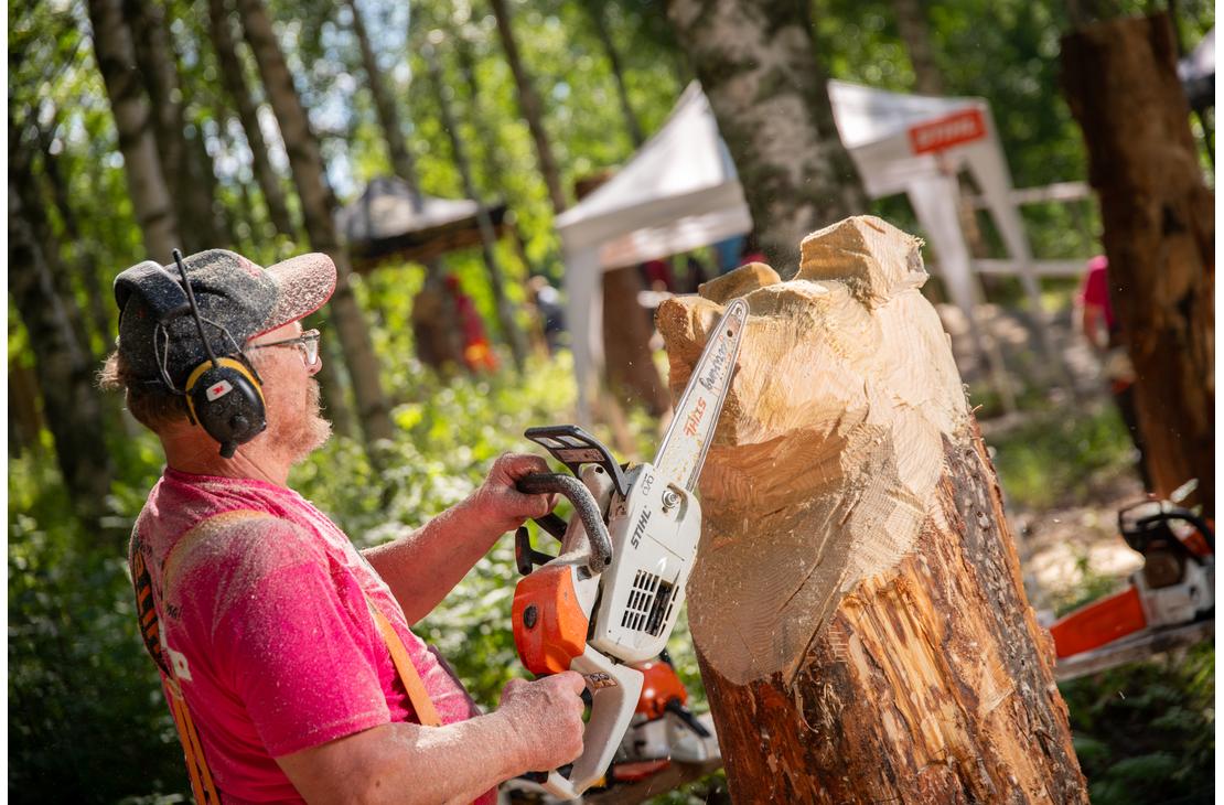 L&auml;hikuva moottorisahaveist&auml;j&auml;st&auml; ty&ouml;n touhussa ulkona aurinkoisessa, mets&auml;isess&auml; ymp&auml;rist&ouml;ss&auml;. Mies on pukeutunut kirkkaan pinkkiin paitaan ja oransseihin henkseleihin, h&auml;nell&auml; on p&auml;&auml;ss&auml;&auml;n lippalakki ja kuulonsuojaimet. H&auml;n on parhaillaan veist&auml;m&auml;ss&auml; suurta, pystyss&auml; olevaa puunrunkoa valkoisella ja oranssilla moottorisahalla. Taustalla n&auml;kyy koivumets&auml;&auml; ja valkoisia telttoja, jotka viittaavat ulkoilmatapahtumaan tai kilpailuun.