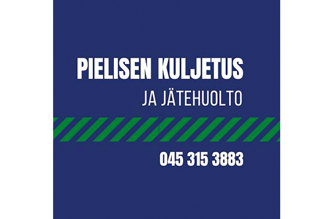 Pielisen Kuljetus ja Jätehuolto -yrityksen mainos tai tunnus. Tausta on tummansininen. Yläosassa on kaksi riviä valkoista tekstiä: ylärivillä isolla, lihavoidulla fontilla "PIELISEN KULJETUS" ja alarivillä pienemmällä fontilla "JA JÄTEHUOLTO". Keskellä on vaakasuora palkki, jossa on vinottain sijoitettuja, tummanvihreitä raitoja. Alhaalla lukee valkoisella, lihavoidulla fontilla puhelinnumero: "045 315 3883".