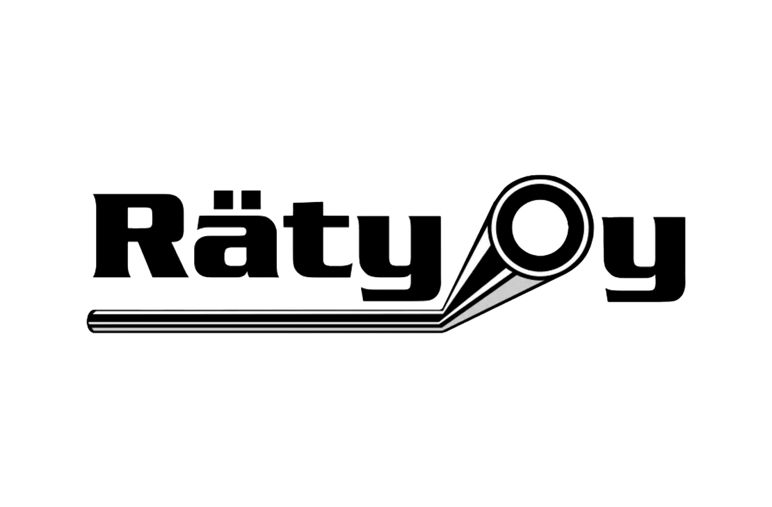Räty Oy -yrityksen logo mustavalkoisena. Teksti "Räty" on isolla, mustalla, paksulla fontilla. Tekstin lopussa "O"-kirjain on korvattu tyylitellyllä teknisellä symbolilla, joka muistuttaa putkea, joka ulottuu eteenpäin alaspäin suuntautuvana linjana. Kirjain "y" seuraa symbolia.