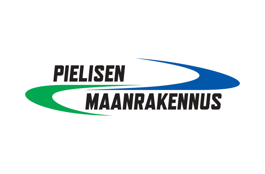 Pielisen Maanrakennus -yrityksen logo. Logossa on kaksi kaarevaa, toisiaan halaavaa elementtiä: vasemmalla vihreä ja oikealla sininen. Vihreä kaari on sijoitettu yläpuolelle ja sininen alapuolelle. Näiden yläpuolella lukee mustalla, isolla fontilla "PIELISEN" ja alapuolella niin ikään mustalla, isolla fontilla "MAANRAKENNUS". Logo on valkoisella taustalla.