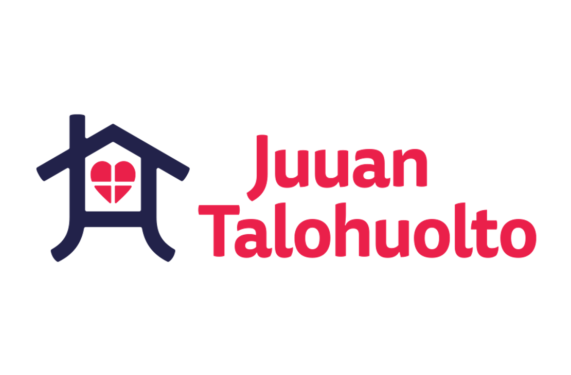 Juuan Talohuolto -yrityksen logo. Vasemmalla on tummansininen, tyylitelty talo-symboli, jonka keskellä ikkunana on punainen sydän. Oikealla on kaksi riviä tekstiä: ylärivillä punaisella fontilla "Juuan" ja alarivillä suuremmalla, punaisella, lihavoidulla fontilla "Talohuolto". Logo on mustalla taustalla.