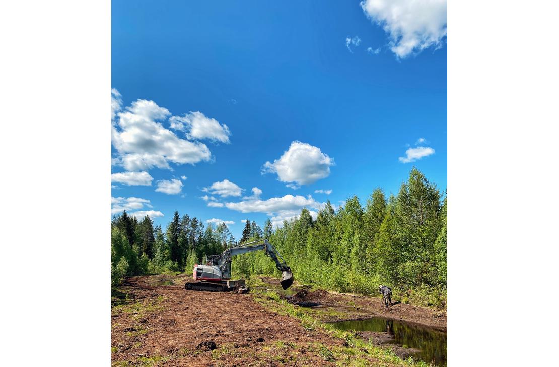 Takeuchi kaivinkone kaivaa kosteikkoallasta. Aurinkoinen kesäpäivä ja puut vihertävät kaivinkoneen ympärillä.