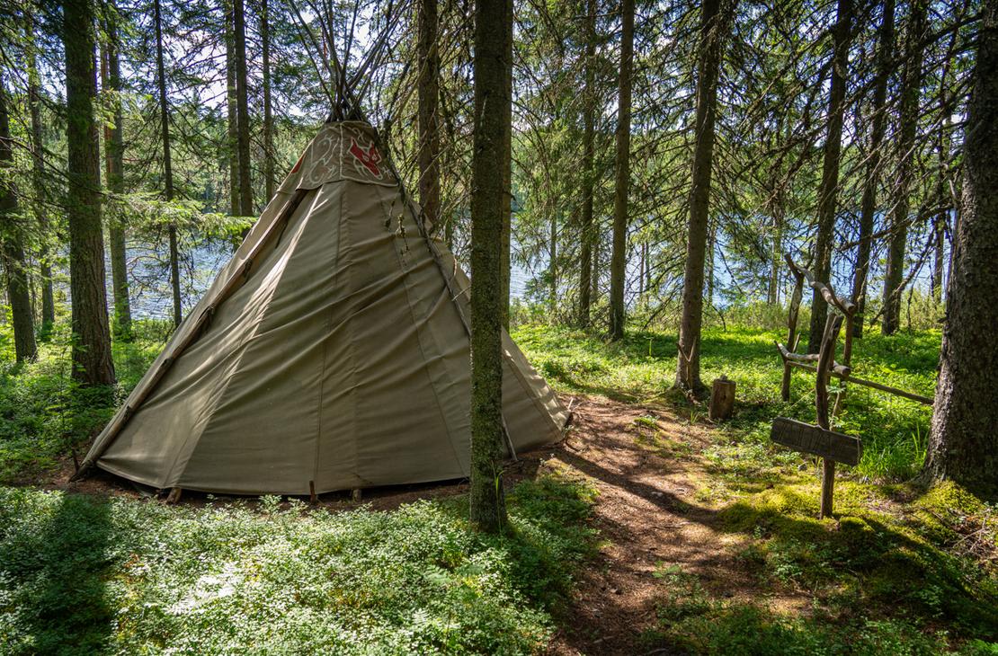 Kangaspäällysteinen kota pystytettynä tiheään havumetsään. Kodan yläosassa on punainen eläinkuvio, ja sen vieressä kulkee polku varvikon halki.