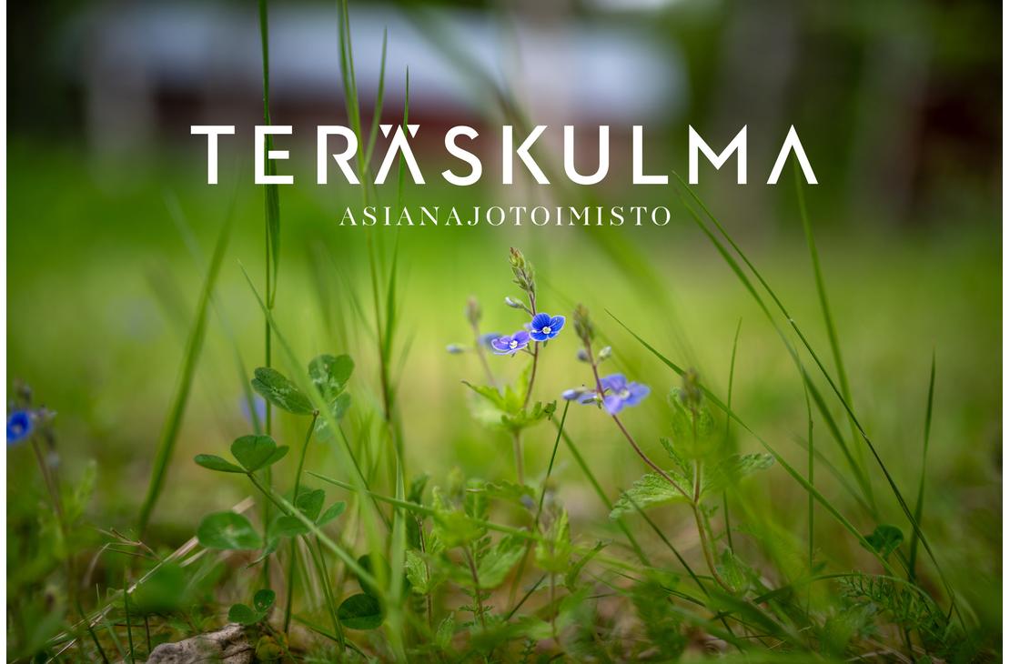 Sininen kukka etualalla, jonka yläpuolella on Teräskulman logo.