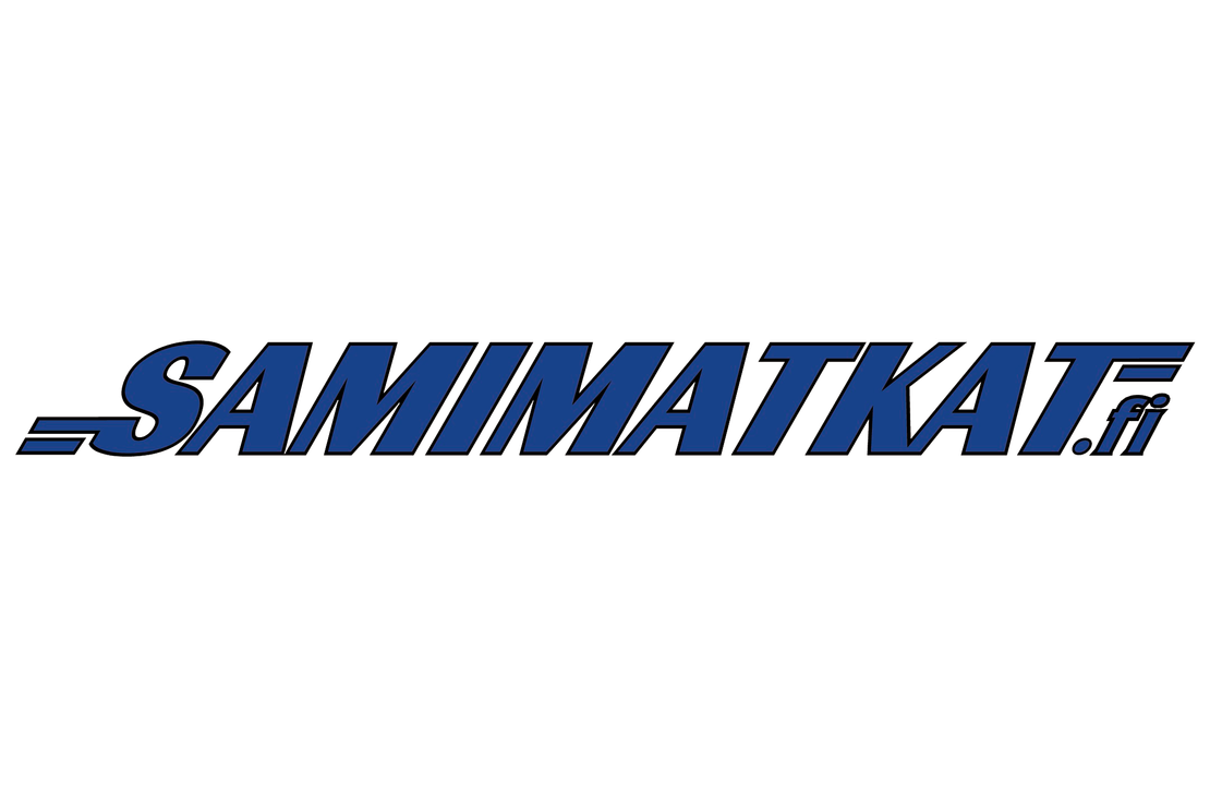 Samimatkat.fi -yrityksen logo. Logossa lukee suuri, lihavoitu, isoin kirjaimin kirjoitettu teksti "SAMIMATKAT.fi". Teksti on kirkkaan sininen ja siin&auml; on musta varjostus ja valkoinen &auml;&auml;riviiva, mik&auml; luo 3D- tai tarra-efektin. S-kirjaimen vasemmalla puolella on kaksi vaakasuoraa viivaa, jotka antavat vauhdikkaan vaikutelman. Logo on valkoisella taustalla.