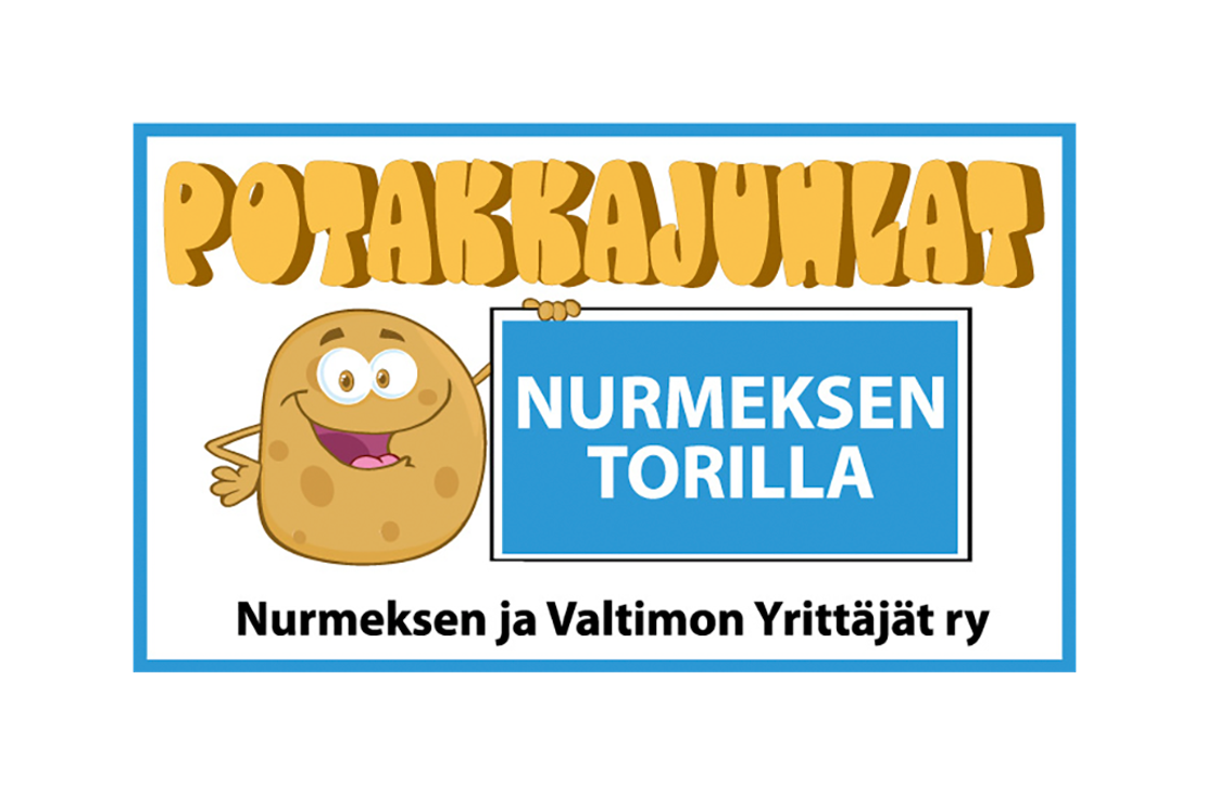 Potakkajuhlat-tapahtuman mainos tai juliste. Yläosassa on suuri, pullistettu, ruskeanoranssi 3D-teksti "POTAKKAJUHLAT". Oikealla on sarjakuvamainen, iloinen peruna-hahmo (potakka) pitelemässä sinistä kylttiä, jossa lukee valkoisella, isolla tekstillä "NURMEKSEN TORILLA". Alareunassa lukee mustalla tekstillä "Nurmeksen ja Valtimon Yrittäjät ry". Koko kuvan kehys on sininen ja valkoinen.