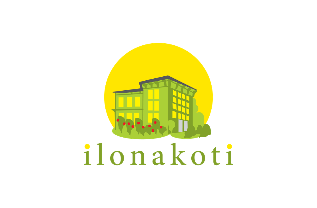 Ilonakoti-yrityksen logo. Logossa on tyylitelty, vaaleanvihreä rakennus, jonka edessä on punaisia kukkia. Rakennuksen takana nousee kirkkaankeltainen aurinko tai puolipyöreä muoto. Kuvan alapuolella on vihreällä tekstillä sana "ilonakoti". Logo on sijoitettu mustalle taustalle.