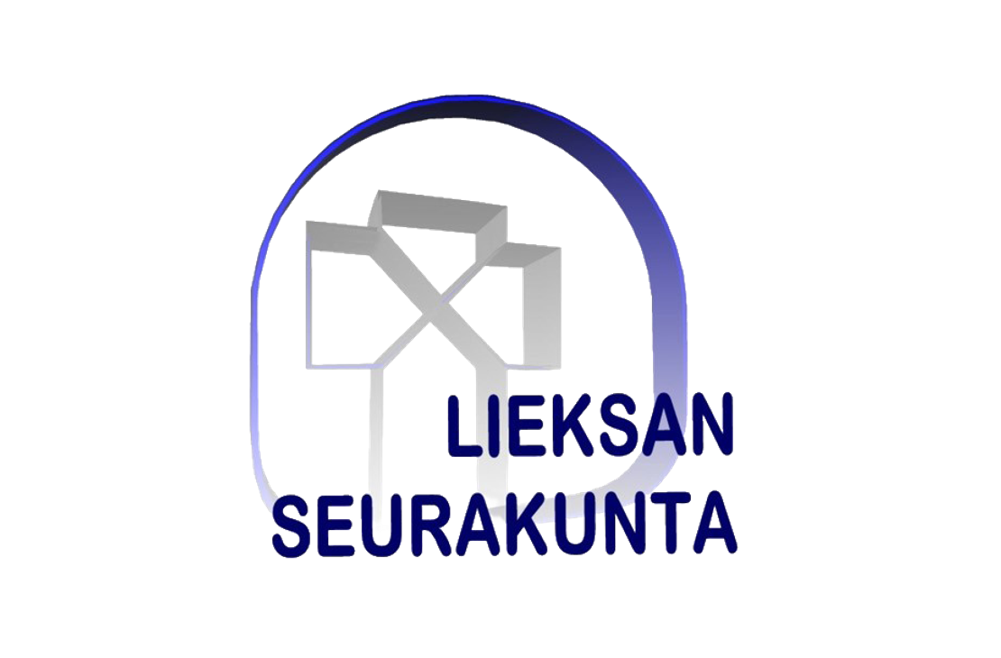 Lieksan seurakunnan logo. Sinisellä ja valkoisella värillä toteutettu graafinen merkki, jossa on tyylitelty risti- ja rakennusaihe sekä teksti "LIEKSAN SEURAKUNTA".