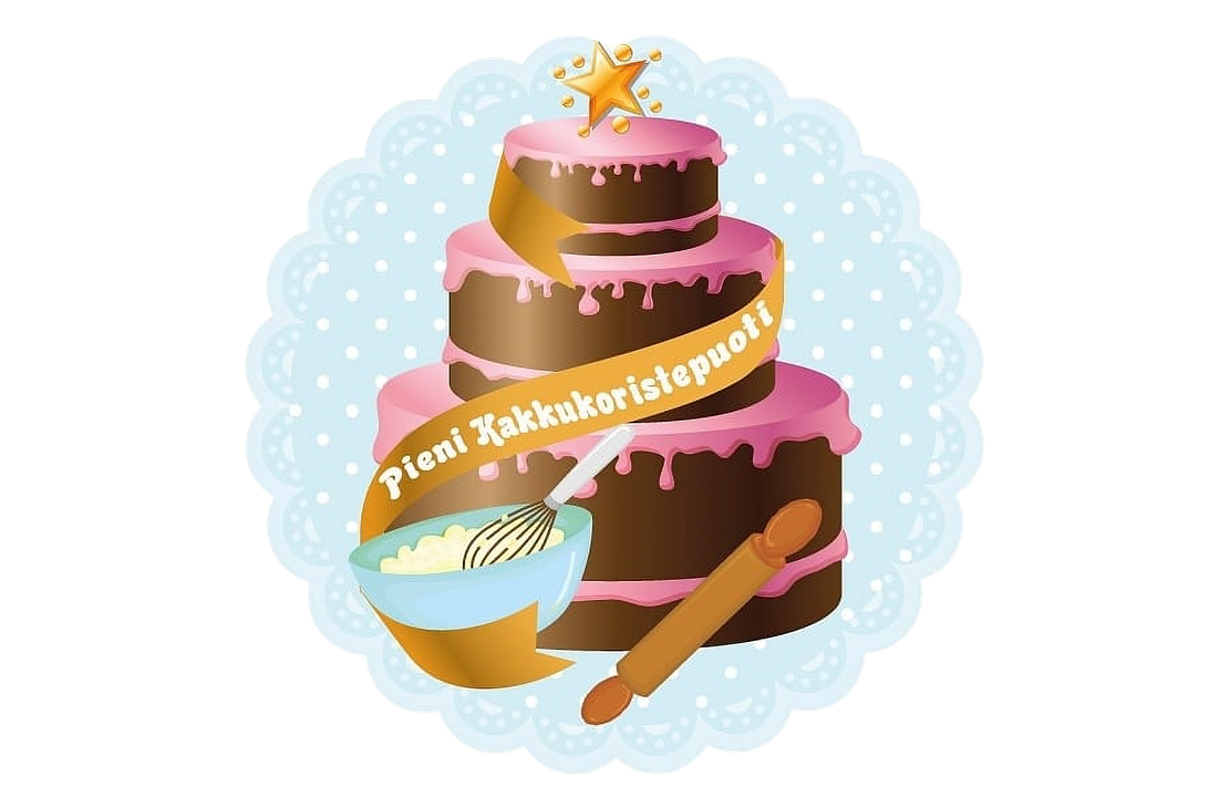 Pieni Kakkukoristepuoti -yrityksen logo. Logossa on vaaleansininen, py&ouml;re&auml;reunainen tausta, jossa on valkoisia pilkkuja. Keskell&auml; on kolmikerroksinen suklaakakku, jota peitt&auml;&auml; vaaleanpunainen sokerikuorrute. Kakun ymp&auml;rill&auml; kiert&auml;&auml; oranssi nauha, jossa lukee teksti "Pieni Kakkukoristepuoti". Kakun p&auml;&auml;ll&auml; on kultainen t&auml;hti. Kakun edess&auml; on kulho, jossa on taikinaa ja vispil&auml;, sek&auml; puinen kaulin.