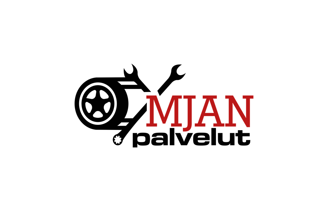 MJAN Palvelut -yrityksen logo mustalla taustalla. Oikealla on suuri, tummanpunainen teksti "MJAN" isolla, serif-fontilla. Vasemmalla on tummanharmaa grafiikka, jossa on rengas, jakoavain ja kiintoavain. Sanan "MJAN" alla on pienempi, tummanharmaa teksti "palvelut".