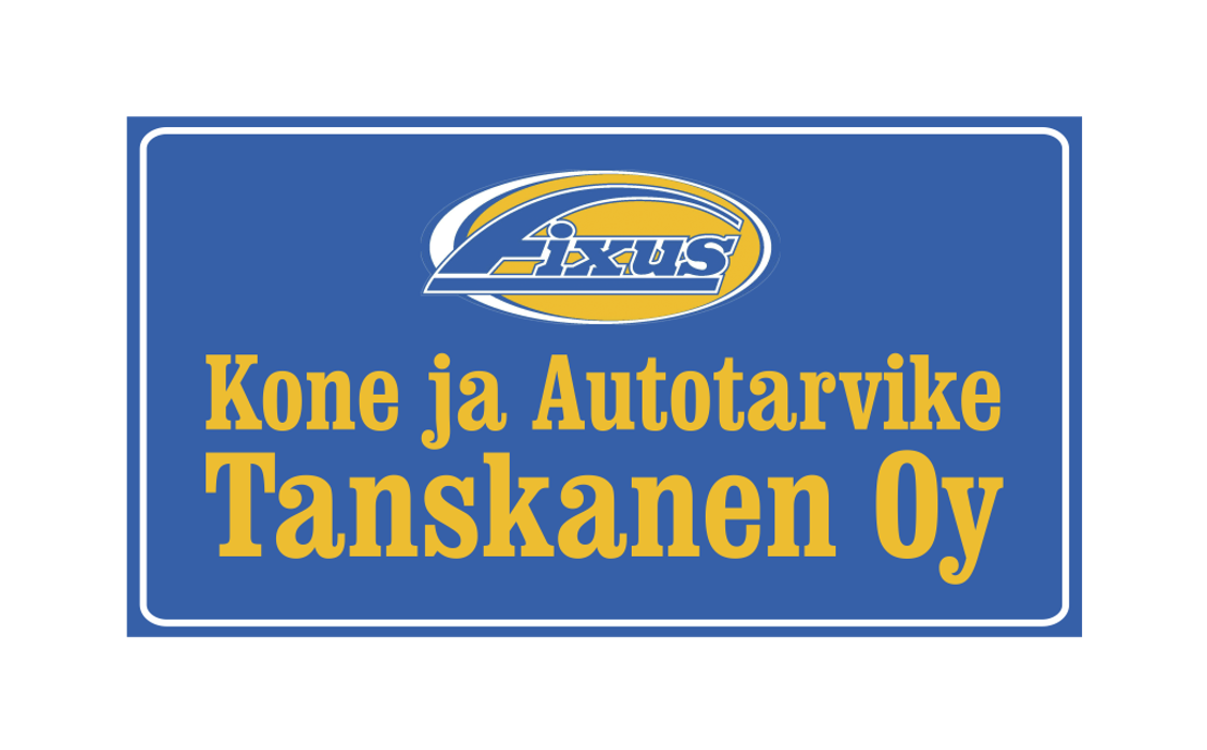 Kone ja Autotarvike Tanskanen Oy -yrityksen kyltti tai mainos. Tausta on tummansininen, jossa on valkoinen reunus. Ylhäällä keskellä on Fixus-logon tunnus: valko-sininen ja keltainen, tyylitelty logo. Logon alapuolella on teksti isoin, keltaisin kirjaimin kahdella rivillä: "Kone ja Autotarvike" ja "Tanskanen Oy".
