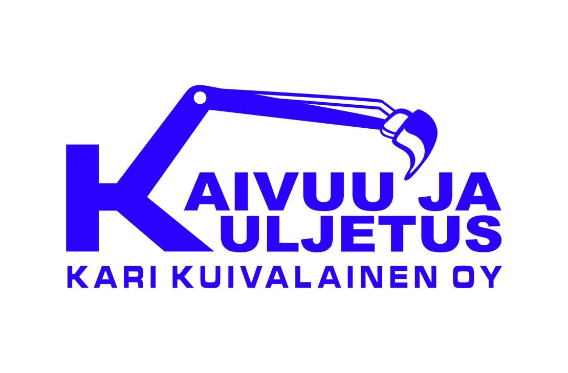 Kaivuu ja Kuljetus Kari Kuivalainen Oy (KKKK) -yrityksen logo. Logossa on suuri, sininen, tyylitelty "K"-kirjain, jonka yläosasta lähtee kaivinkoneen puomi ja kauha vaakatasossa. Kauhan yläpuolella lukee sinisellä, isolla fontilla "KAIVUU JA KULJETUS" kahdella rivillä. Aivan alimpana on teksti "KARI KUIVALAINEN OY" pienemmällä sinisellä fontilla. Logo on valkoisella taustalla.