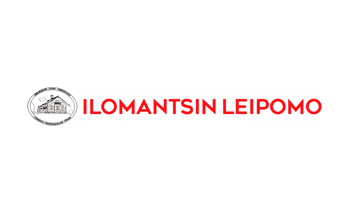Ilomantsin Leipomo -yrityksen logo. Oikealla on suuri, kirkkaanpunainen teksti "ILOMANTSIN LEIPOMO" isolla, sans-serif-fontilla. Vasemmalla on mustavalkoinen, pyöreä tunnus, jonka sisällä on realistinen piirros vanhasta puutalosta (toimipaikasta) ja tekstiä kehän ympärillä (esim. "KARJALAN LEIPOMO PERINNELEIPOMO"). Koko logo on asetettu mustalle taustalle.