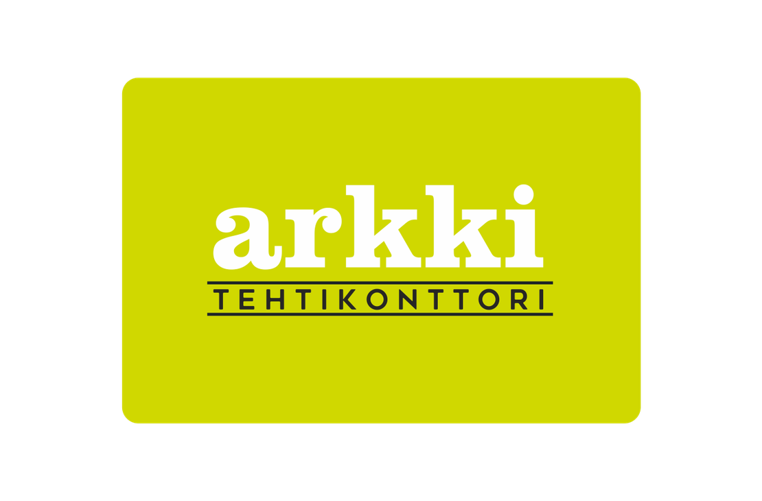 Arkki Tehtikonttori -yrityksen logo. Logo on sijoitettu limevihreälle tai kelta-vihreälle pohjalle, jonka kulmat on pyöristetty. Ylhäällä on suuri, valkoinen, paksulla serif-fontilla kirjoitettu teksti "arkki". Tämän alapuolella on ohut musta viiva, ja sen alla tummalla, isoin kirjaimin kirjoitettu teksti "TEHTIKONTTORI".