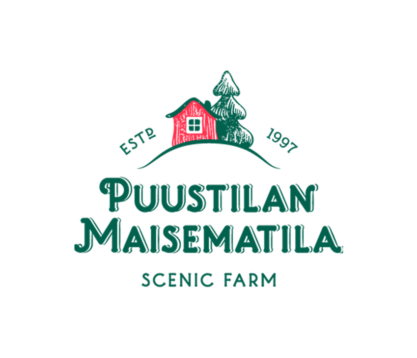 Puustilan Maisematila -yrityksen logo. Logossa on tummanvihreällä tontilla seisova punainen mökki ja sen takana tummanvihreä kuusi. Maisemakuvan yläpuolella kaareutuu tummanruskea teksti "EST. 1997". Tontin alapuolella on suuri, tummanvihreä teksti "PUUSTILAN MAISEMATILA" ja alimpana pienempi, tummanvihreä teksti "SCENIC FARM". Logo on mustalla taustalla.