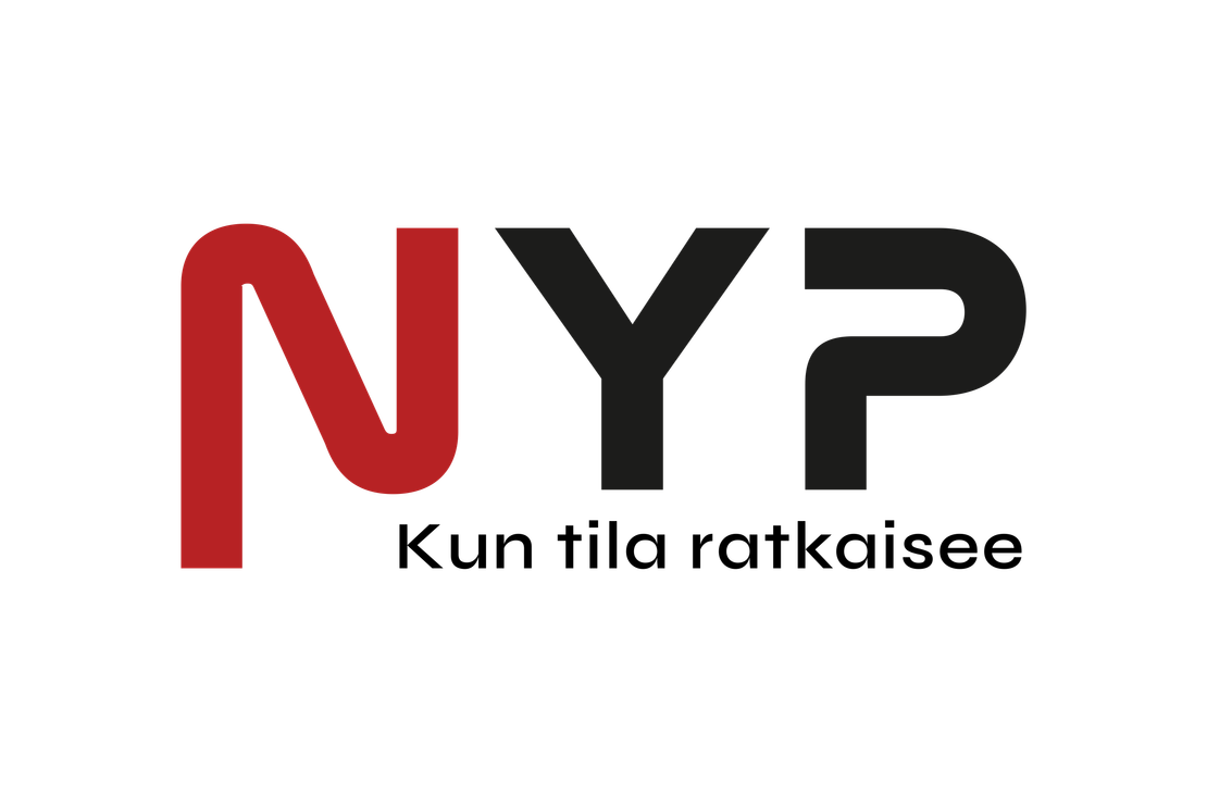 NYP-yrityksen logo. Logossa on suuret, paksut kirjaimet "NYP". N-kirjain on tumman viininpunainen ja YP-kirjaimet ovat tummanharmaa. Kirjaimet ovat tyyliteltyjä ja toisiinsa kytkeytyneitä. Kirjainten alapuolella on tummanharmaa vaakasuora viiva ja sen alla on valkoisella, pienellä tekstillä jokin epäselvä tunnuslause tai nimi. Logo on mustalla taustalla.