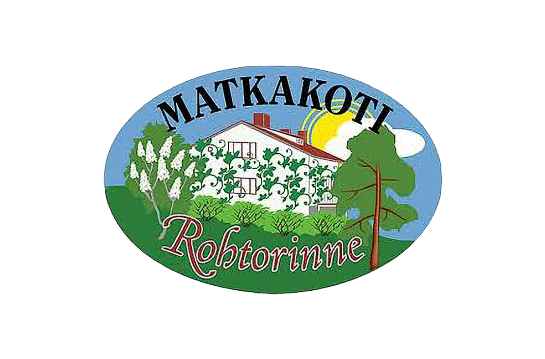 Matkakoti Rohtorinne -yrityksen logo. Logossa on soikea kehys, jonka sisällä on piirroskuva valkoisesta, kaksikerroksisesta talosta, jonka seinillä kasvaa vihreää köynnöstä. Talon edessä on pensaita, vasemmalla kukkiva syreeni ja oikealla havupuu. Taustalla näkyy keltainen aurinko ja pilviä. Ylhäällä kaarevasti lukee tummansinisellä tekstillä "MATKAKOTI" ja alhaalla suurimmalla, punaisella, koristeellisella fontilla sana "Rohtorinne".