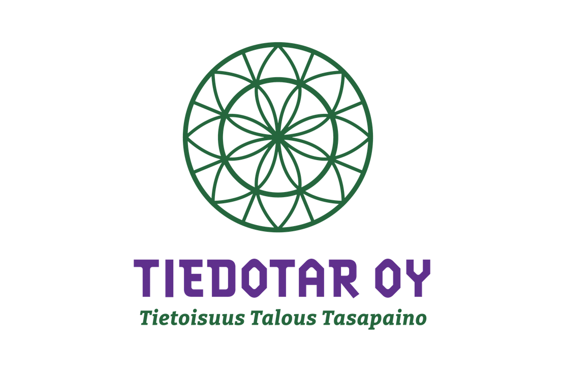 Tiedotar Oy -yrityksen logo. Yläosassa on tummanvihreä, tyylitelty, geometrinen, kukkaa tai spiraalia muistuttava ympyränmuotoinen kuvio (mahdollisesti Elämän kukka -symboli). Tämän alapuolella on suuri, violetti teksti "TIEDOTAR OY" isolla, paksulla fontilla. Alimpana on pienemmällä, tummanvihreällä, kursivoidulla fontilla teksti "Tietoisuus Talous Tasapaino". Logo on valkoisella taustalla.