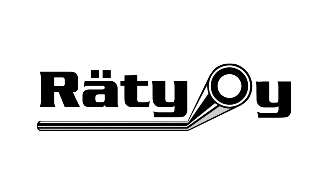 R&auml;ty Oy -yrityksen logo mustavalkoisena. Teksti "R&auml;ty" on isolla, mustalla, paksulla fontilla. Tekstin lopussa "O"-kirjain on korvattu tyylitellyll&auml; teknisell&auml; symbolilla, joka muistuttaa putkea, joka ulottuu eteenp&auml;in alasp&auml;in suuntautuvana linjana. Kirjain "y" seuraa symbolia.