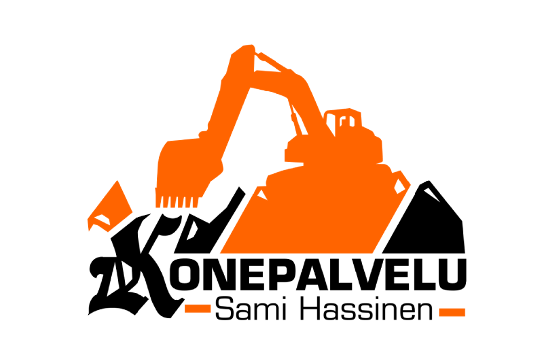 Konepalvelu Sami Hassinen -yrityksen logo. Logossa on oranssinvärinen kaivinkoneen siluetti kaivamassa maata mustalla taustalla. Kaivinkone on kuvattu sivulta ja sen kauha on maata vasten. Logon alaosassa on tyylitelty, epäselvä tumma teksti tai yrityksen nimi, joka sisältää sanat "Konepalvelu" ja "Sami Hassinen".