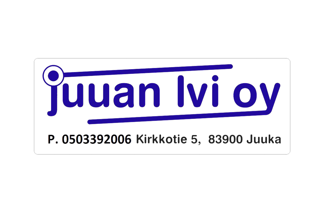 Juuan LVI Oy -yrityksen logo ja yhteystiedot. Logossa on suuri, tummansininen teksti "Juuan lvi oy" ilman isoja kirjaimia. Tekstin ylä- ja alapuolella on paksut, tummansiniset viivat, jotka alkavat tyylitellystä O-kirjainta muistuttavasta symbolista vasemmalla ja päättyvät oikealla pystysuoraan kulmaan. Tekstin alapuolella lukee mustalla, pienemmällä fontilla yrityksen yhteystiedot: "P. 0503392006 Kirkkotie 5, 83900 Juuka". Logo on valkoisella taustalla, jossa on ohut musta reunus.