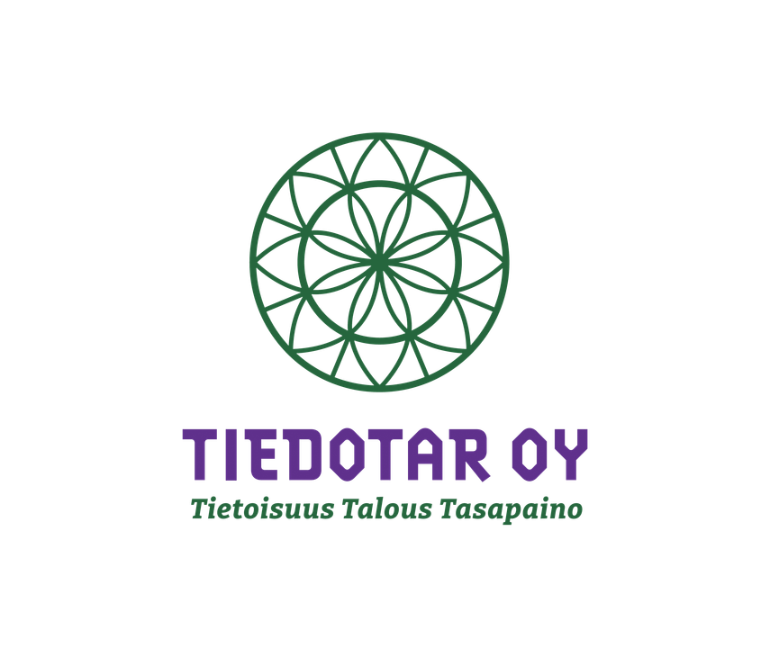 Tiedotar Oy -yrityksen logo. Yläosassa on tummanvihreä, tyylitelty, geometrinen, kukkaa tai spiraalia muistuttava ympyränmuotoinen kuvio (mahdollisesti Elämän kukka -symboli). Tämän alapuolella on suuri, violetti teksti "TIEDOTAR OY" isolla, paksulla fontilla. Alimpana on pienemmällä, tummanvihreällä, kursivoidulla fontilla teksti "Tietoisuus Talous Tasapaino". Logo on valkoisella taustalla.