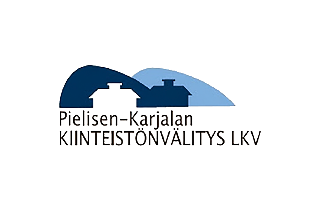 Pielisen-Karjalan Kiinteist&ouml;nv&auml;litys LKV -yrityksen logo. Logossa on kaksi tummansinist&auml; ja vaaleansinist&auml; kumpua tai m&auml;ke&auml; (vaaraa) kuvaavaa elementti&auml;. M&auml;kien eteen on asetettu kaksi tyylitelty&auml; talon siluettia &ndash; etummainen on valkoinen ja taaempi tummansininen. M&auml;kien alapuolella on tummanruskealla, isolla fontilla kaksi rivi&auml; teksti&auml;: "Pielisen-Karjalan" ja "KIINTEIST&Ouml;NV&Auml;LITYS LKV". Logo on valkoisella taustalla.