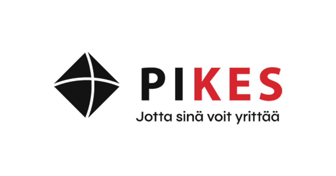 PIKES - Jotta sinä voit yrittää -yrityksen logo. Logossa on vasemmalla tummanharmaa, tyylitelty, neliönmuotoinen, vinossa asennossa oleva symboli, joka on jaettu neljään osaan kaarevalla ristillä. Oikealla on suuri, lihavoitu teksti "PIKES", jossa kirjaimet "PIK" ovat mustia ja "ES" punaisia. Sen alapuolella lukee mustalla tekstillä iskulause "Jotta sinä voit yrittää". Logo on valkoisella taustalla.
