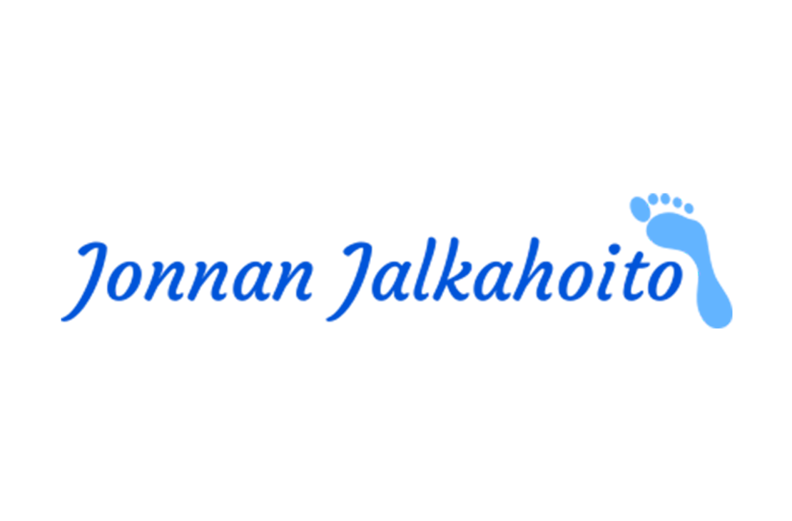 Jonnan Jalkahoito -yrityksen logo. Logossa on kirkkaan sininen, kursivoitu teksti "Jonnan Jalkahoito". Sanan "Jalkahoito" oikealla puolella on vaaleansininen, tyylitelty jalanj&auml;ljen siluetti (jalan yl&auml;osa). Logo on mustalla taustalla.
