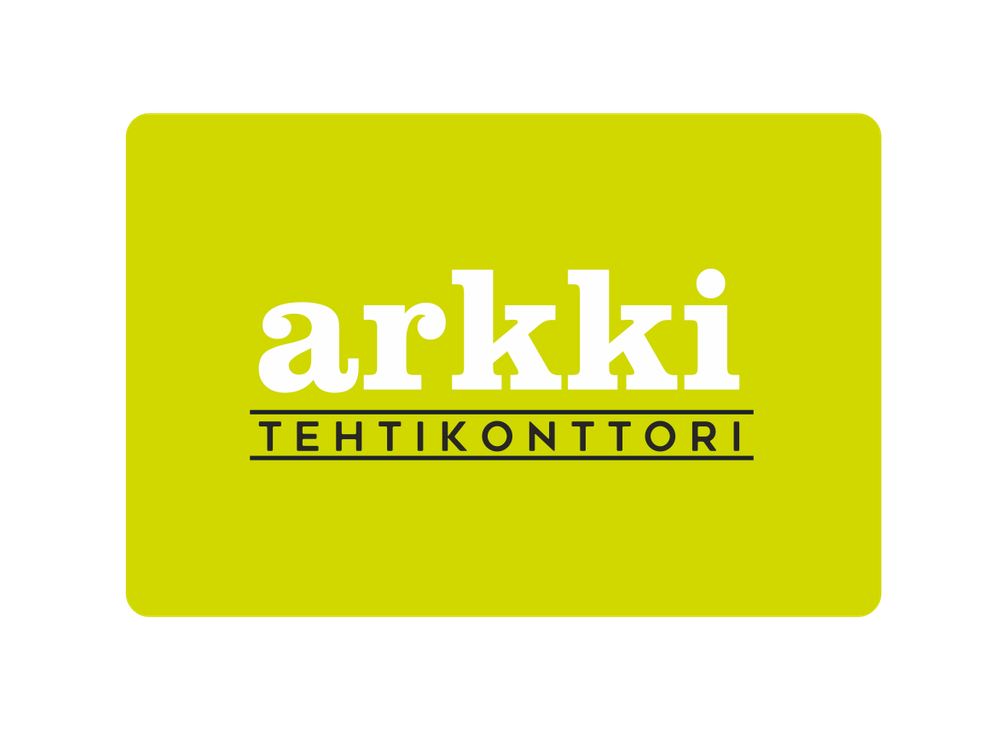 Arkki Tehtikonttori -yrityksen logo. Logo on sijoitettu limevihreälle tai kelta-vihreälle pohjalle, jonka kulmat on pyöristetty. Ylhäällä on suuri, valkoinen, paksulla serif-fontilla kirjoitettu teksti "arkki". Tämän alapuolella on ohut musta viiva, ja sen alla tummalla, isoin kirjaimin kirjoitettu teksti "TEHTIKONTTORI".