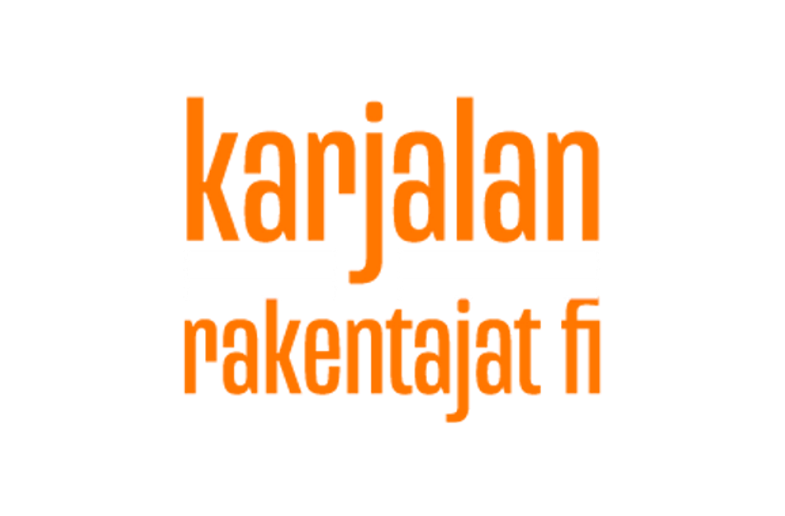 Karjalan Rakentajat.fi -yrityksen logo. Logossa on kaksi riviä oranssia tekstiä: ylärivillä isoilla, pienillä kirjaimilla "karjalan" ja alarivillä samalla fontilla "rakentajat.fi". Rivejä erottaa kaksi paksua valkoista vaakaviivaa, joiden välissä on ohut musta viiva. Koko logo on sijoitettu mustalle taustalle.