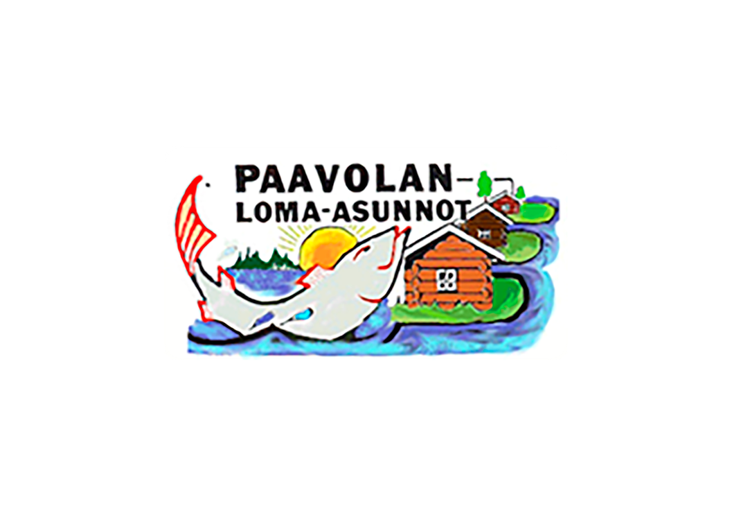 Paavolan Loma-asunnot -yrityksen logo. Logossa on sarjakuvamainen, v&auml;rik&auml;s kuva, joka esitt&auml;&auml; karua m&ouml;kkimaisemaa. Keskell&auml; on suuri, hypyss&auml; oleva, harmaa-valkoinen kala, jonka alla on sinist&auml; vett&auml;. Taustalla n&auml;kyy kaksi hirsilomam&ouml;kki&auml;, vihre&auml;&auml; nurmea ja keltainen aurinko nousemassa mets&auml;n takaa. Yl&auml;puolella lukee tummalla, isolla tekstill&auml; kaksi rivi&auml;: "PAAVOLAN-" ja "LOMA-ASUNNOT".