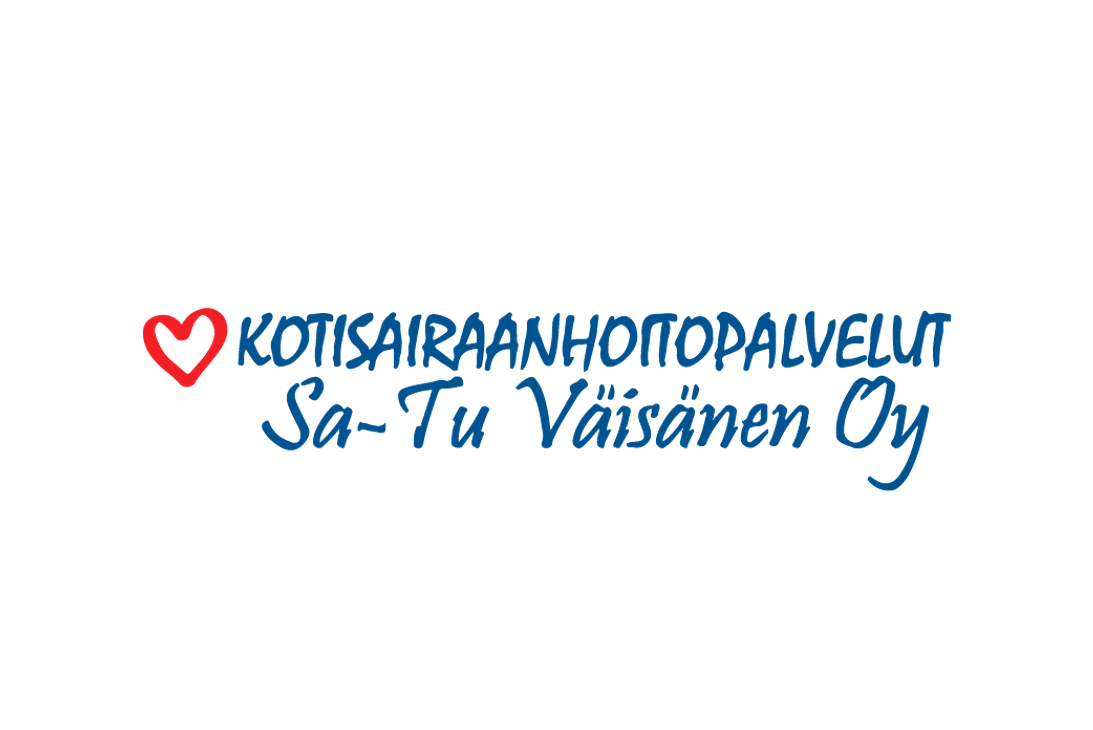 Kotisairaanhoitopalvelut Sa-Tu Väisänen Oy -yrityksen logo. Vasemmalla on punainen, ääriviivalla piirretty sydämen symboli. Sen oikealla puolella lukee tummansinisellä tekstillä kaksi riviä: ylärivillä isoin, sans-serif-kirjaimin "KOTISAIRAANHOITOPALVELUT" ja alarivillä suuremmalla, kursivoidulla fontilla "Sa-Tu Väisänen Oy". Logo on valkoisella taustalla.