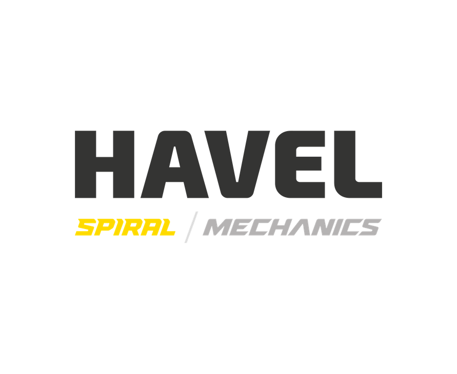 Havel Spiral Mechanics -yrityksen logo. Ylärivillä lukee suurella, lihavoidulla, tummanharmaalla fontilla sana "HAVEL". Sen alapuolella on kaksi pienempää sanaa: vasemmalla kirkkaan keltaisella fontilla "SPIRAL" ja oikealla vaaleanharmaalla fontilla "MECHANICS", ja sanoja erottaa pystyviiva. Logo on valkoisella taustalla.