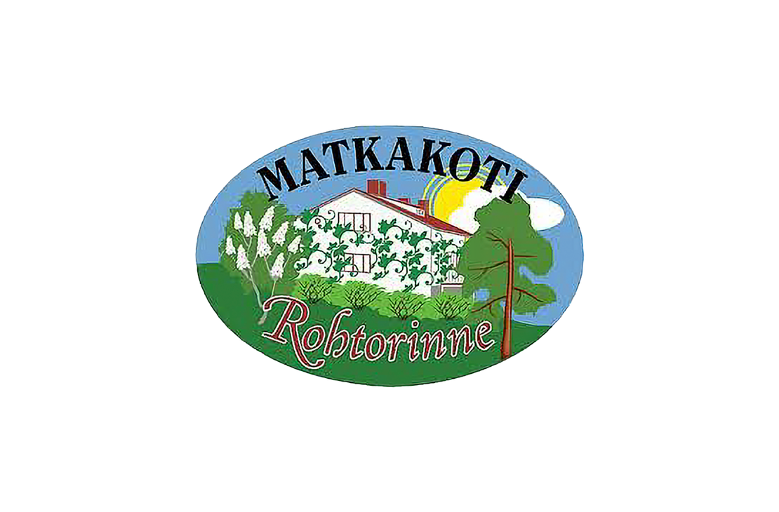 Matkakoti Rohtorinne -yrityksen logo. Logossa on soikea kehys, jonka sisällä on piirroskuva valkoisesta, kaksikerroksisesta talosta, jonka seinillä kasvaa vihreää köynnöstä. Talon edessä on pensaita, vasemmalla kukkiva syreeni ja oikealla havupuu. Taustalla näkyy keltainen aurinko ja pilviä. Ylhäällä kaarevasti lukee tummansinisellä tekstillä "MATKAKOTI" ja alhaalla suurimmalla, punaisella, koristeellisella fontilla sana "Rohtorinne".