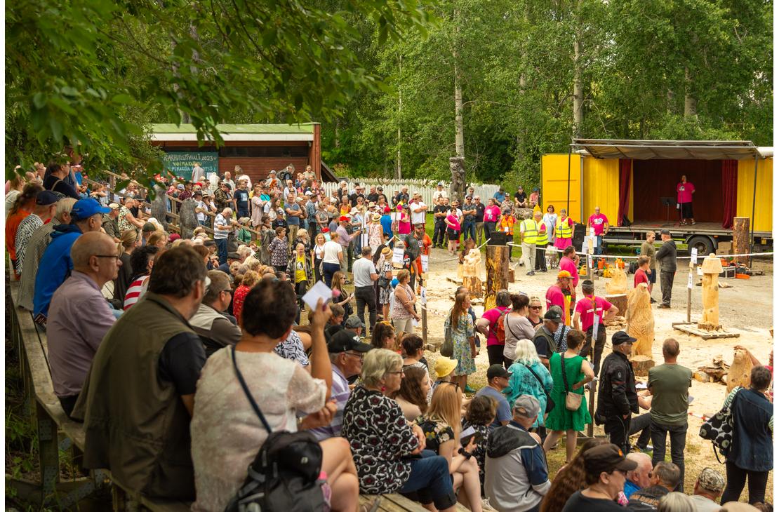 Laaja kuva ulkoilmatapahtumasta, luultavasti Karhufestivaaleilta, jossa suuri joukko ihmisi&auml; on kokoontunut katsomaan esityst&auml; tai kilpailua. Etualalla osa yleis&ouml;st&auml; istuu puisilla katsomoilla, ja taka-alalla seisoo lis&auml;&auml; yleis&ouml;&auml;. Oikealla on keltainen lava tai esiintymislava, jolla on esiintyj&auml;. Lavan edess&auml; on ty&ouml;stettyj&auml; puuveistoksia ja ty&ouml;ntekij&ouml;it&auml; keltaisissa liiveiss&auml;. Taustalla n&auml;kyy mets&auml;n reuna ja pieni, punainen rakennus.