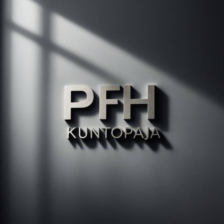 PFH Kuntopaja -yrityksen 3D-logo. Logossa on suuret, hopeanväriset, kohollaan olevat kirjaimet "PFH" ja niiden alla pienemmällä fontilla teksti "KUNTOPAJA". Logo on sijoitettu tummanharmaalle, minimalistiselle seinäpinnalle, johon heijastuu diagonaalisesti valoa ja varjoja, luoden dramaattisen vaikutelman.