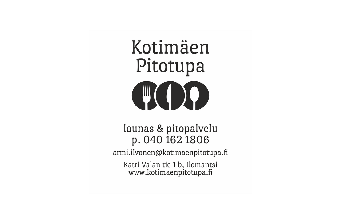 Kotimäen Pitotupa -yrityksen logo ja yhteystiedot valkoisella taustalla. Ylhäällä on suuri, musta teksti "Kotimäen Pitotupa". Sen alla on musta, pyöreä symboli, joka koostuu kolmesta ympyrästä, joissa on valkoiset siluetit: haarukka, veitsi ja lusikka. Symbolin alapuolella on mustalla fontilla lueteltu yhteystiedot ja palvelut, mukaan lukien "lounas & pitopalvelu", puhelinnumero ja sähköpostiosoite.